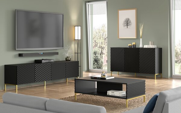 Комод SURF 3D 150 см, черен мат, златни крака