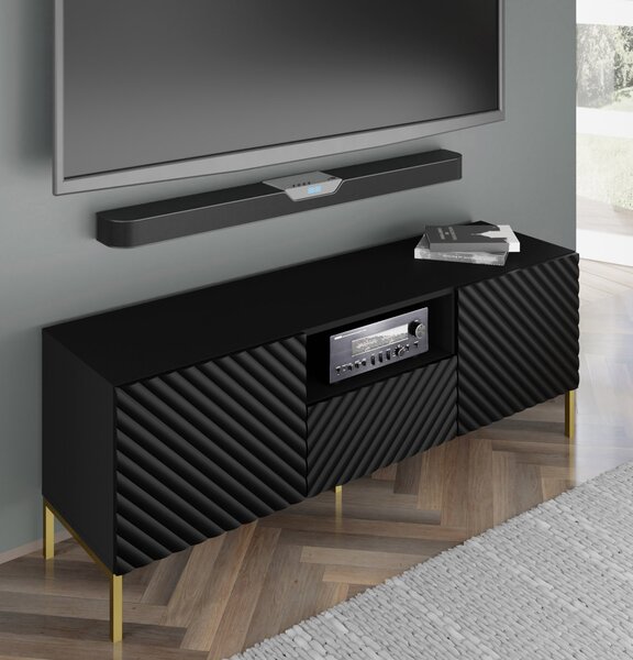 ТВ шкаф SURF 2D1S 150 cm, черен мат, златни крака