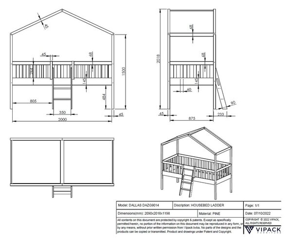 Детско легло от бял повдигнат бор 90x200 cm DALLAS - Vipack