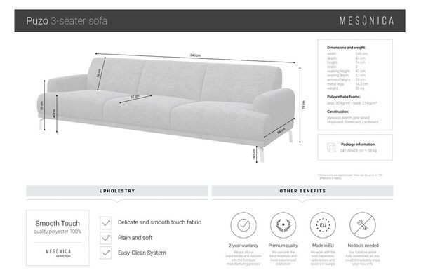 Светлосив диван , 240 см Puzo - MESONICA