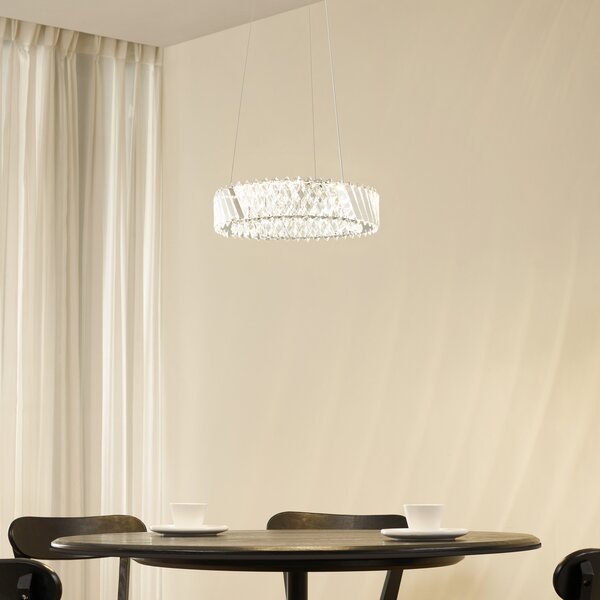 Lucande LED висяща лампа Glacis, кристал, Ø 40 cm, хром, Прозрачен, Дневна/трапезария, Стъкло, Дизайн