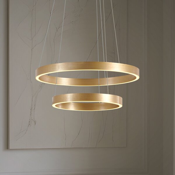 Lucande LED висяща лампа Yonam, Ø 60 cm, 2-светлинна, златна, CCT, Затъмняване, Злато / месинг, Дневна/трапезария, Метал, Модерен
