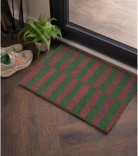 Изтривалка от кокосови влакна 40x60 cm Pink & Green Half Stripes – Artsy Doormats