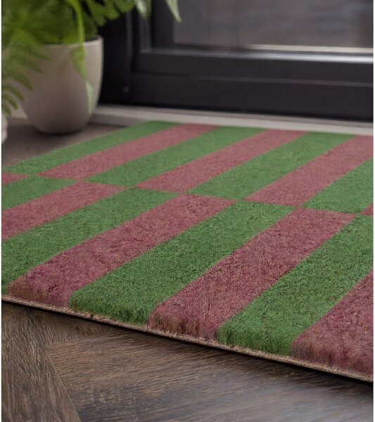 Изтривалка от кокосови влакна 40x60 cm Pink & Green Half Stripes – Artsy Doormats