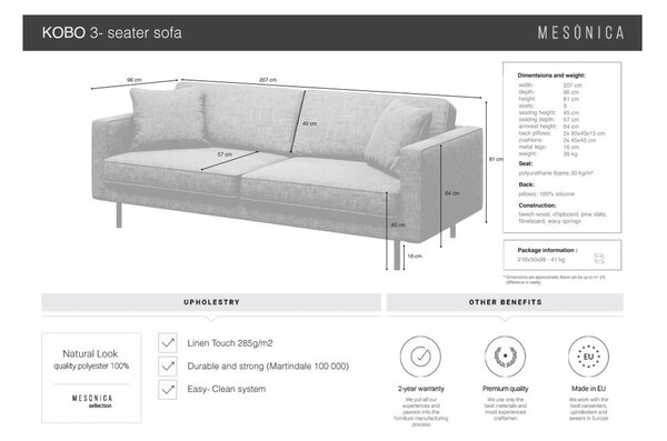 Сив диван , 207 см Kobo - MESONICA