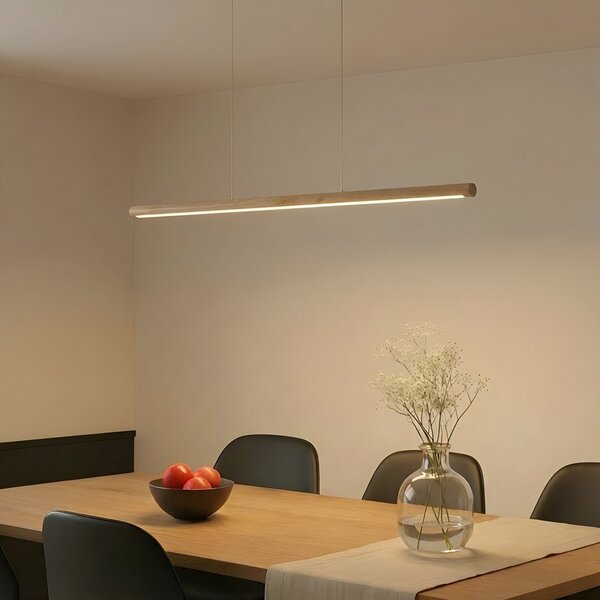 Lucande LED висящо осветление Maruta, дърво, лъч, 120 cm, 3000K, Дърво, Дневна/трапезария, Дървесина, Модерен