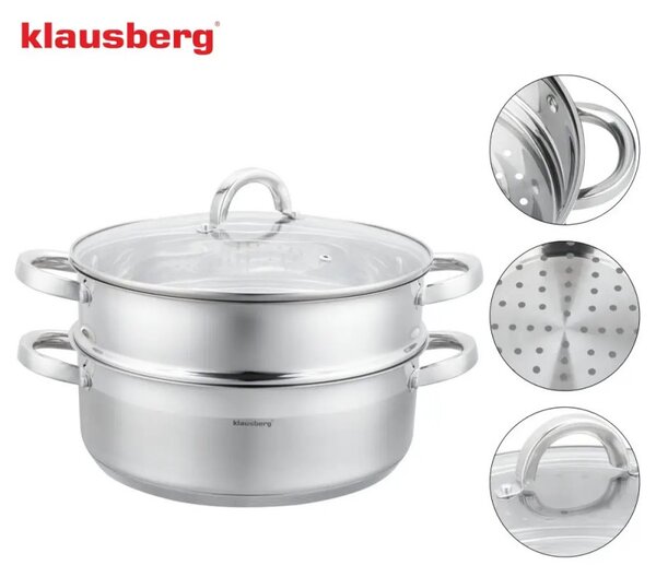 Тенджера за готвене на пара Klausberg KB 9072, 24 см, 3.5л, 3 части, Дебело дъно, Индукция, Инокс