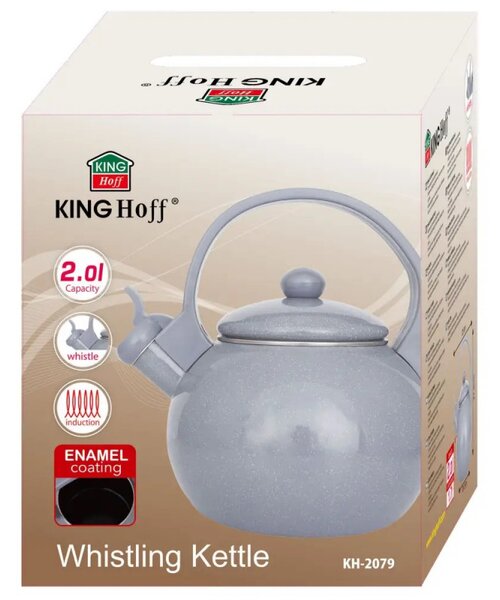 Свирещ чайник Kinghoff KH 2079, 2 л, Емайлирана вътрешност, Индукция, Сив