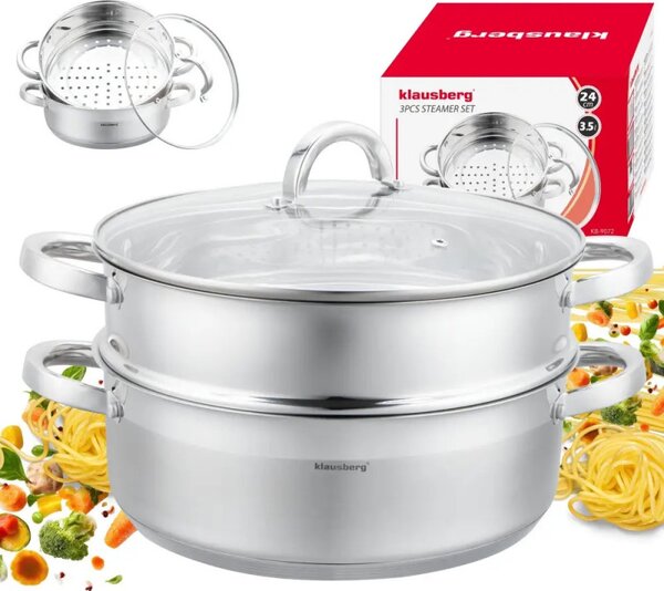Тенджера за готвене на пара Klausberg KB 9072, 24 см, 3.5л, 3 части, Дебело дъно, Индукция, Инокс