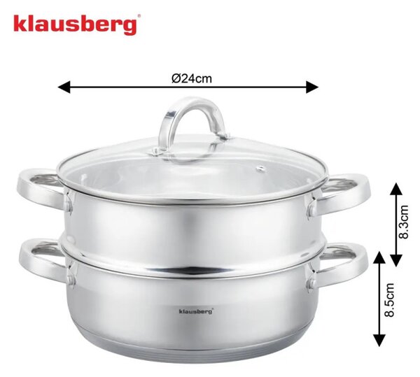 Тенджера за готвене на пара Klausberg KB 9072, 24 см, 3.5л, 3 части, Дебело дъно, Индукция, Инокс