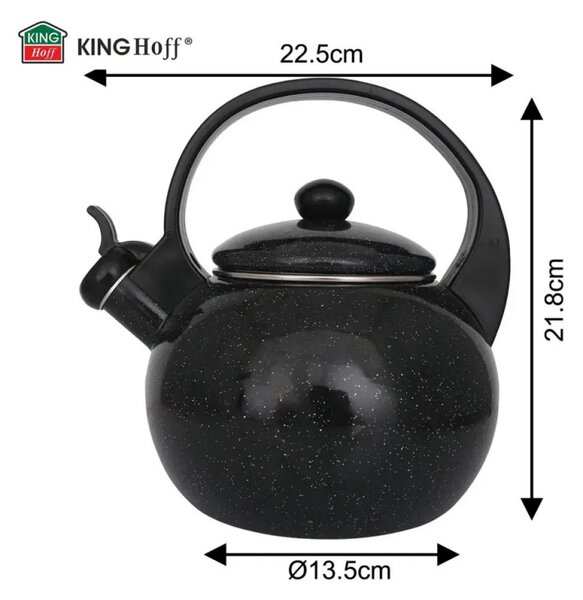 Свирещ чайник Kinghoff KH 2039, 2 л, Емайлирана вътрешност, Индукция, Черен