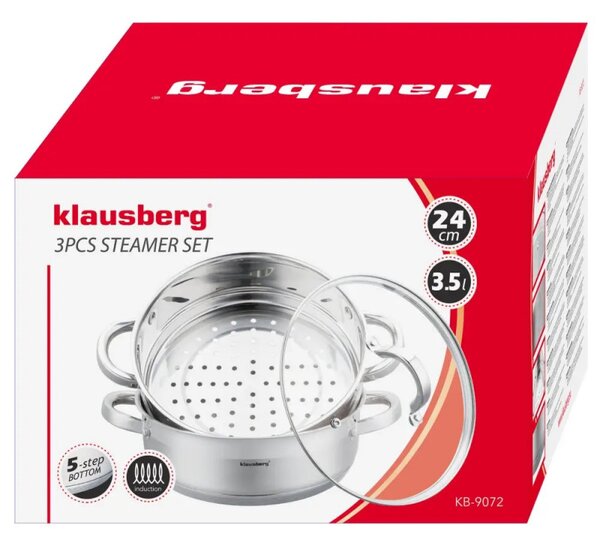 Тенджера за готвене на пара Klausberg KB 9072, 24 см, 3.5л, 3 части, Дебело дъно, Индукция, Инокс