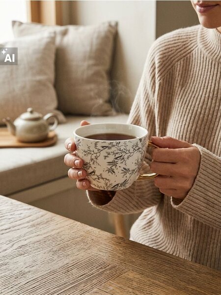 Sinsay - Керамична чаша с растителен мотив - бял