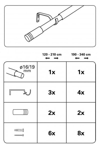 Метален разтегателен корниз 120 - 210 cm Válec - Gardinia