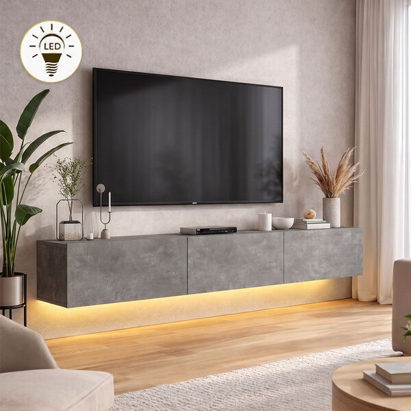 Damla TopMebel меламинов стенен ТВ шкаф с LED осветление в цвят бетонно сиво 180x29.5x29.5cm