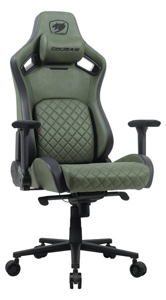 Геймърски стол Cougar Gaming Defensor S Army Green, до 150kg, Class 4 газов амортисьор, 4D регулируеми подлакътници, лумбална опора, заден джоб, черно-зелен