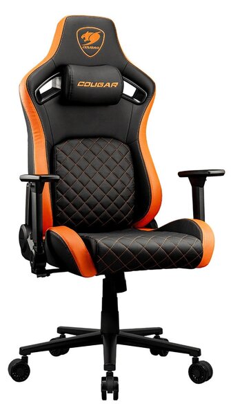Геймърски стол Cougar Gaming Defensor F Black Orange, до 120kg, Class 4 газов амортисьор, 4D регулируеми подлакътници, лумбална опора, черно-оранжев