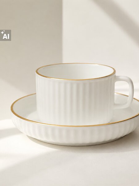 Sinsay - Чаша с чинийка и декоративен златист кант - бял