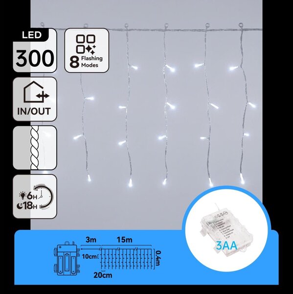 Aigostar -LED Външен коледен гирлянд 300xLED/8 функции 3xAA 18x0,4m IP44 студено бяло