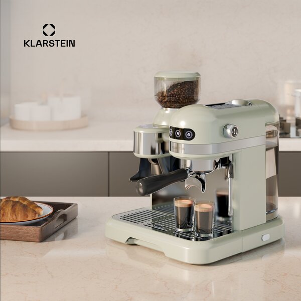 Klarstein Bella Café кафемашина, Витидж, мелачка, 19 bar, Разпенител за мляко, 2 чаши, 1550 W