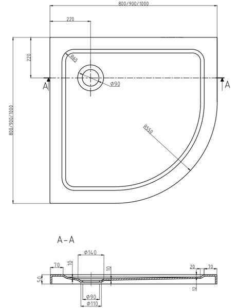 Mexen Flat полукръгъл плосък поддушов праг 80 x 80 см, бял, черен сифон - 41108080B