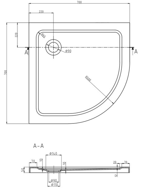 Mexen Flat плосък полуокръгъл душов под 70 x 70 см, черен, хромиран сифон