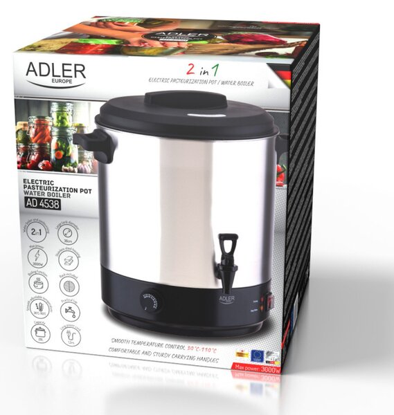 Електрически съд за пастьоризация и варене Adler AD 4538, 3000W, 28 л, 30-100°C, Поддържане на топлина, Светлинен индикатор, Инокс/черен