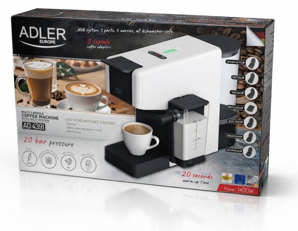 Еспресо машина Adler AD 4391, 1400W, 20 bar, 0.8 л, 8 приставки, Разпенване, Бял/черен