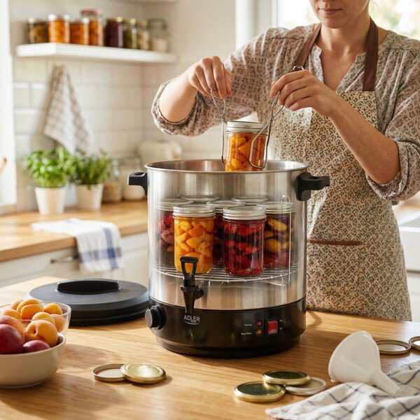 Електрически съд за пастьоризация и варене Adler AD 4538, 3000W, 28 л, 30-100°C, Поддържане на топлина, Светлинен индикатор, Инокс/черен