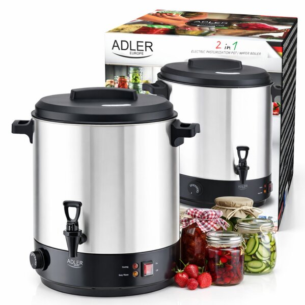 Електрически съд за пастьоризация и варене Adler AD 4538, 3000W, 28 л, 30-100°C, Поддържане на топлина, Светлинен индикатор, Инокс/черен