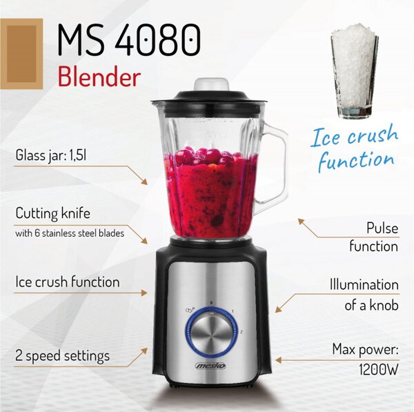 Блендер Mesko MS 4080, 1200W, 1.5 л, 21000 об/мин, 6 ножа, 2 скорости + пулс, Капак с отвор, Инокс/черен