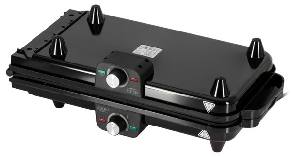 Двойна сгъваема електрическа скара Adler AD 6617, 3000W, Отваряне на 180°, 96х26 см, Незалепващи плочи, 2 термостата, Тавичка за мазнина, Черен