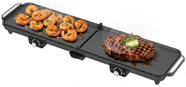 Двойна сгъваема електрическа скара Adler AD 6617, 3000W, Отваряне на 180°, 96х26 см, Незалепващи плочи, 2 термостата, Тавичка за мазнина, Черен