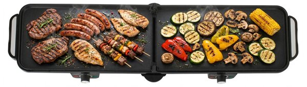 Двойна сгъваема електрическа скара Adler AD 6617, 3000W, Отваряне на 180°, 96х26 см, Незалепващи плочи, 2 термостата, Тавичка за мазнина, Черен