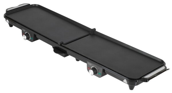 Двойна сгъваема електрическа скара Adler AD 6617, 3000W, Отваряне на 180°, 96х26 см, Незалепващи плочи, 2 термостата, Тавичка за мазнина, Черен