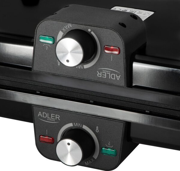 Двойна сгъваема електрическа скара Adler AD 6617, 3000W, Отваряне на 180°, 96х26 см, Незалепващи плочи, 2 термостата, Тавичка за мазнина, Черен