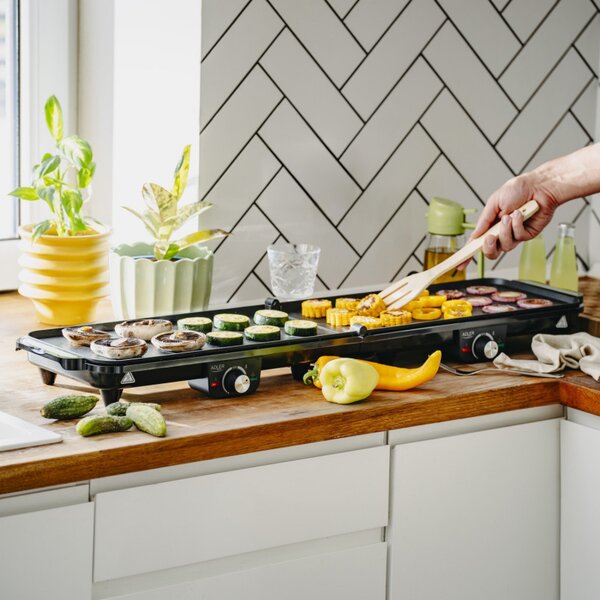 Двойна сгъваема електрическа скара Adler AD 6617, 3000W, Отваряне на 180°, 96х26 см, Незалепващи плочи, 2 термостата, Тавичка за мазнина, Черен