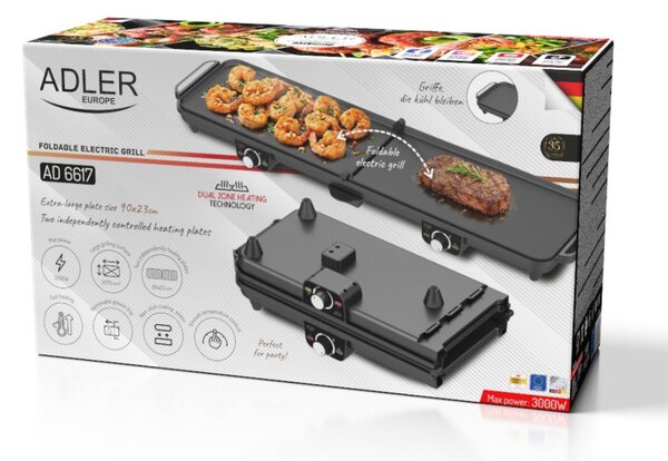 Двойна сгъваема електрическа скара Adler AD 6617, 3000W, Отваряне на 180°, 96х26 см, Незалепващи плочи, 2 термостата, Тавичка за мазнина, Черен