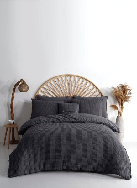 Антрацитно единично спално бельо от памук Renforcé 140x200 cm Waffle Striped – Mila Home Luxury