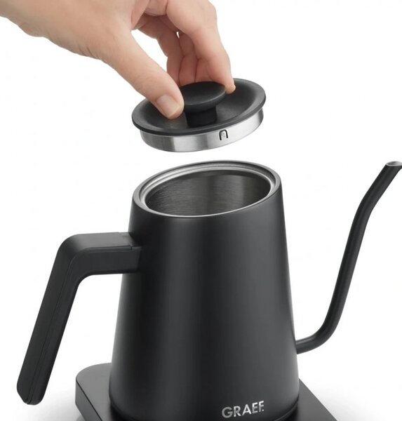 Електрическа кана за вода Graef Pour-over GK502, 1200W, 900 мл, 40-100°C, Keep Warm, Филтър, Чучур тип "Лебедова шия", Черен мат