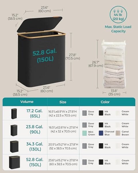 Кош за пране Black Songmics 60x38.5x38.5x70.5 cm