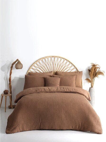 Кафяво двойно удължено спално бельо от памук Renforcé 240x220 cm Waffle Striped – Mila Home Luxury