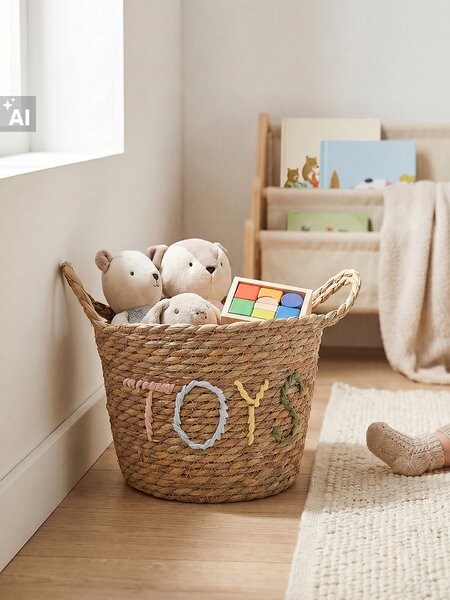 Sinsay - Плетена кошница за съхранение с надпис „Toys“ - бежово