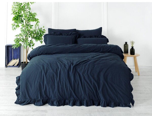 Тъмносиньо единично спално бельо от памук Renforcé 140x200 cm Ruffle Striped – Mila Home Luxury