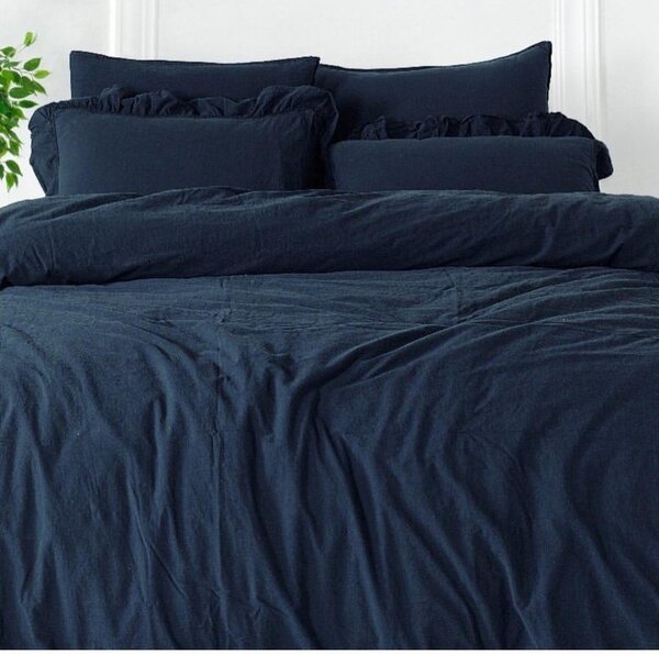 Тъмносиньо единично спално бельо от памук Renforcé 140x200 cm Ruffle Striped – Mila Home Luxury