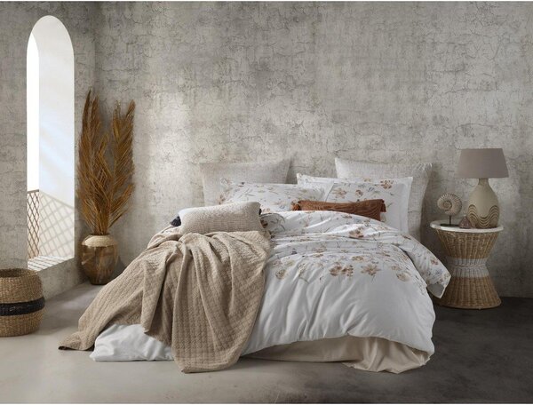 Бяло двойно удължено спално бельо от памучен сатен 240x220 cm Ivory Garden Floral – Mila Home Luxury