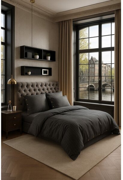Тъмносиво двойно удължено спално бельо от памук Renforcé 240x220 cm Como Striped – Mila Home Luxury