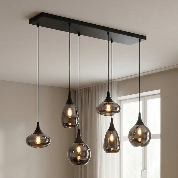 Trio Lighting Висящо осветително тяло Lumina, 6 лампи, черно/хром, стъкло, Затъмняване, Черен, Дневна/трапезария, Стъкло