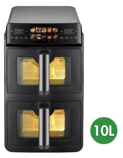 Двоен фритюрник с горещ въздух Just Perfecto JP-AF10DB, 2600 W, 10 л, 10 програми, 80-200 C, Rapid Hot Air Circulation, Синхронизирано готвене, Черен