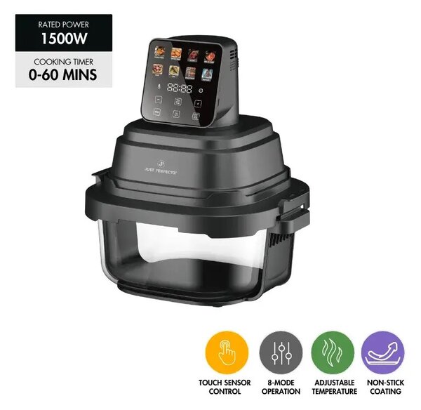 Фритюрник с горещ въздух Just Perfecto JP-AF4GL, 1500 W, 1.5/4 л, 8 програми, 80-200 C, 360° Hot Air Circulation, Термоустойчива стъклена конструкция, Черен